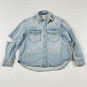 Zara - Oversized Light Wash Long Sleeve Distressed Denim Jean Jacket size:M
